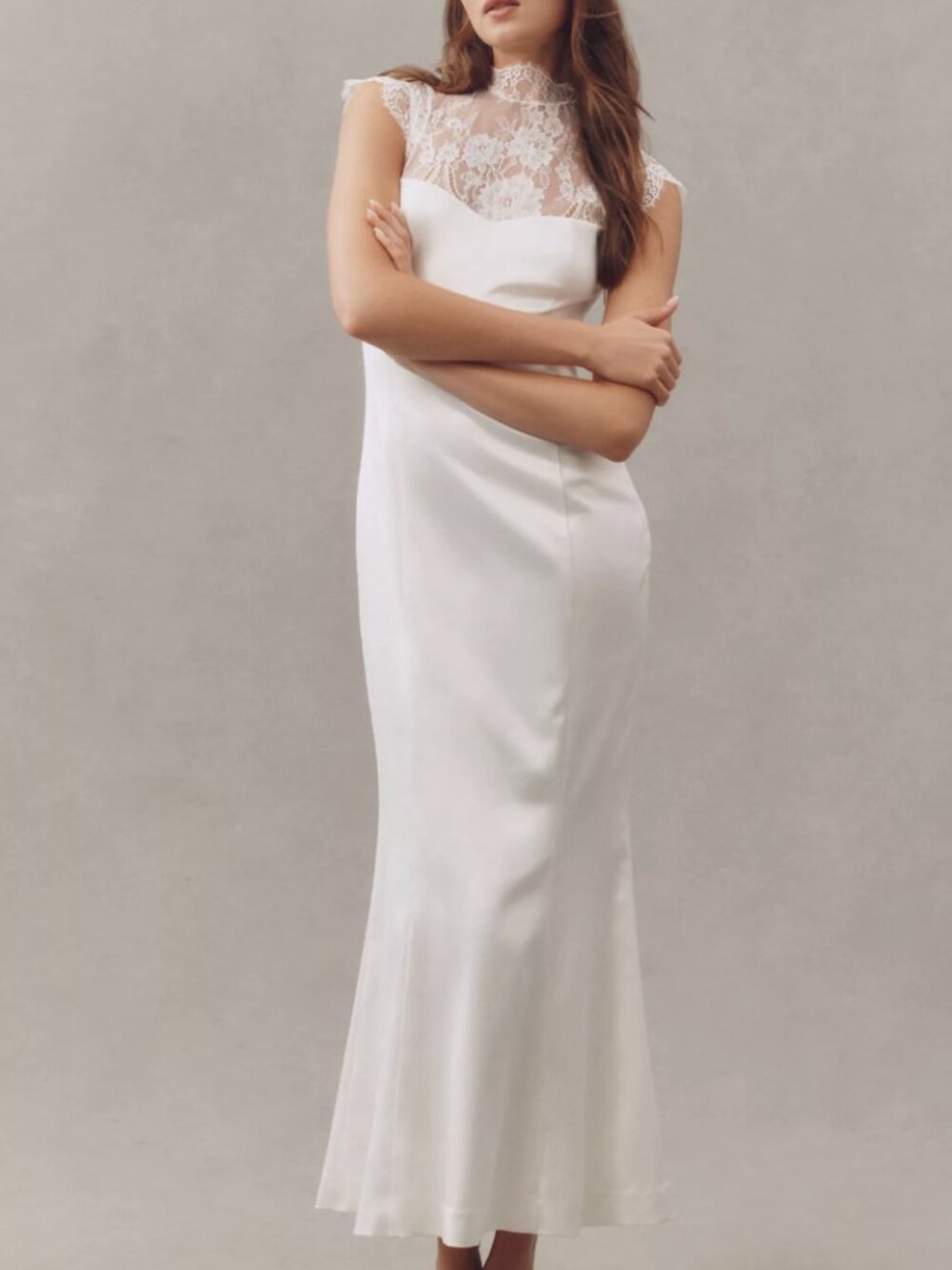Anthropologie BHLDN Cap-Sleeve Lace Stretch Satin Maxi Dress Wedding